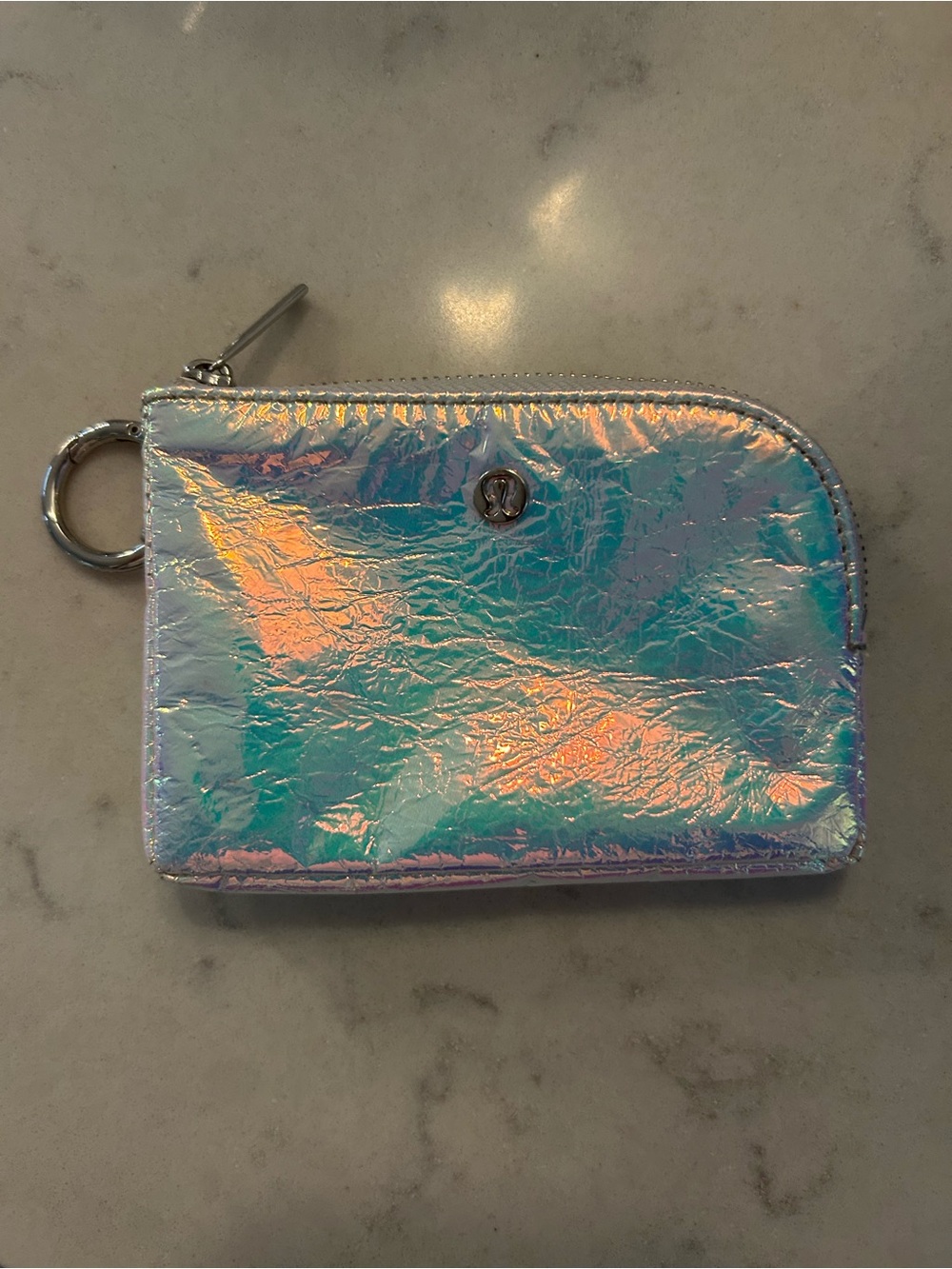 lululemon athletica Iridescent Silver with Turquoise Zip Card Holder Keyring